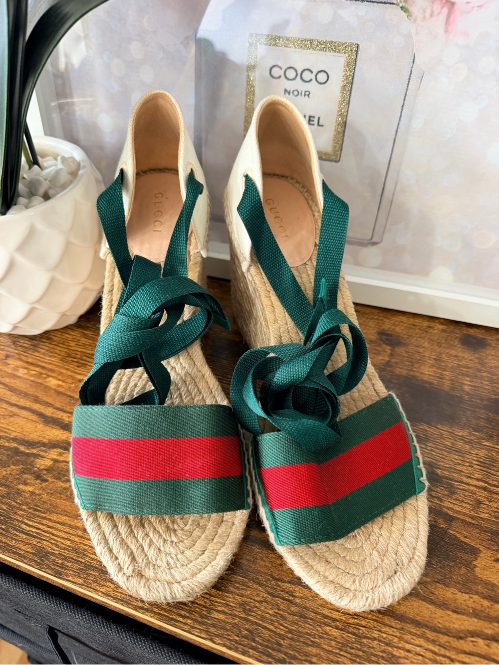 Gucci Green and Red Canvas Espadrille Wedges with Green Ankle Ties - Picture 1 of 4